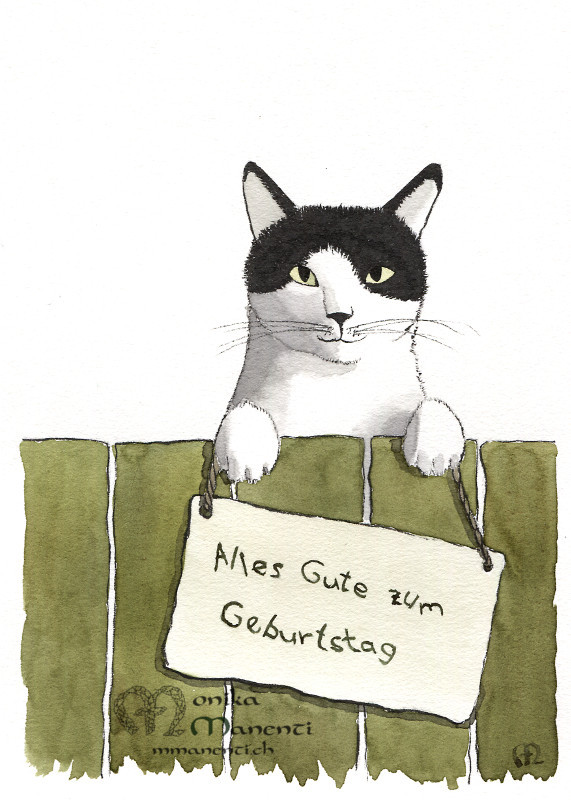 Katze schaut ber einen Zaun und hat eine Karte um den Hals. Auf der Karte steht 'Alles Gute zum Geburtstag'.