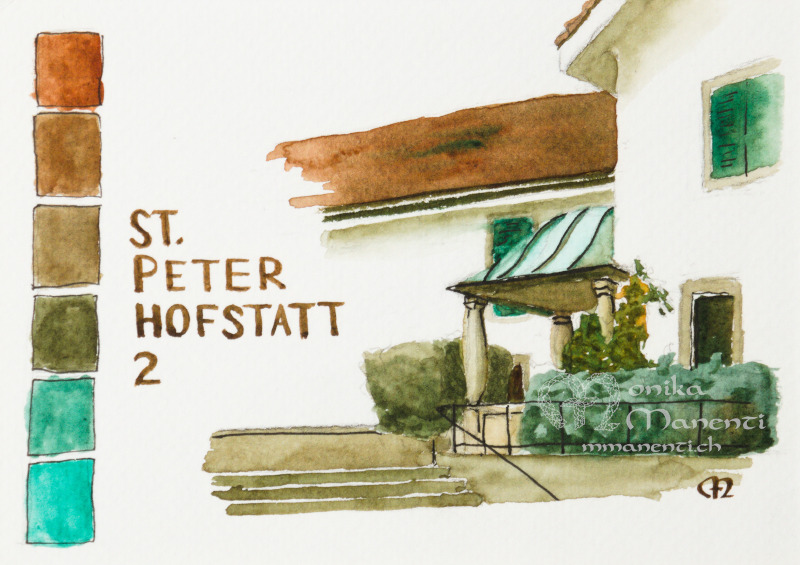 Housefront at St. Peterhofstatt with a canopy that rests on colums. Painted with watercolor