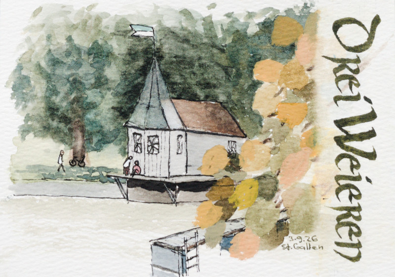 Aquarell des Badehauses am Bubenweiher in St. Gallen mit Bl�ttern im Vordergrund und Bildname in grossen Buchstaben auf der rechten Seite.