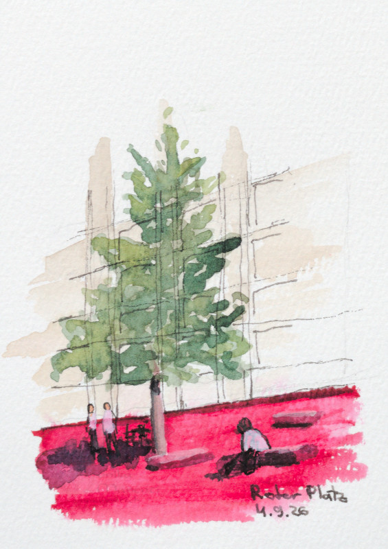 Aquarell vom roten Platz in St. Gallen mit einem Baum, einigen Personen und B�nken.