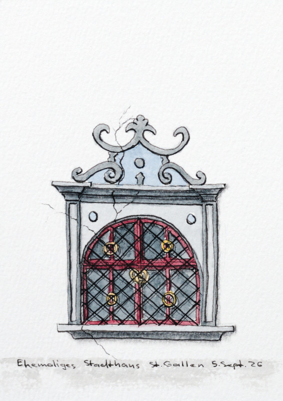 Aquarell eines Fensters des ehemaligen Staddhauses von St. Gallen mit Fenstergitter und Ornamenten